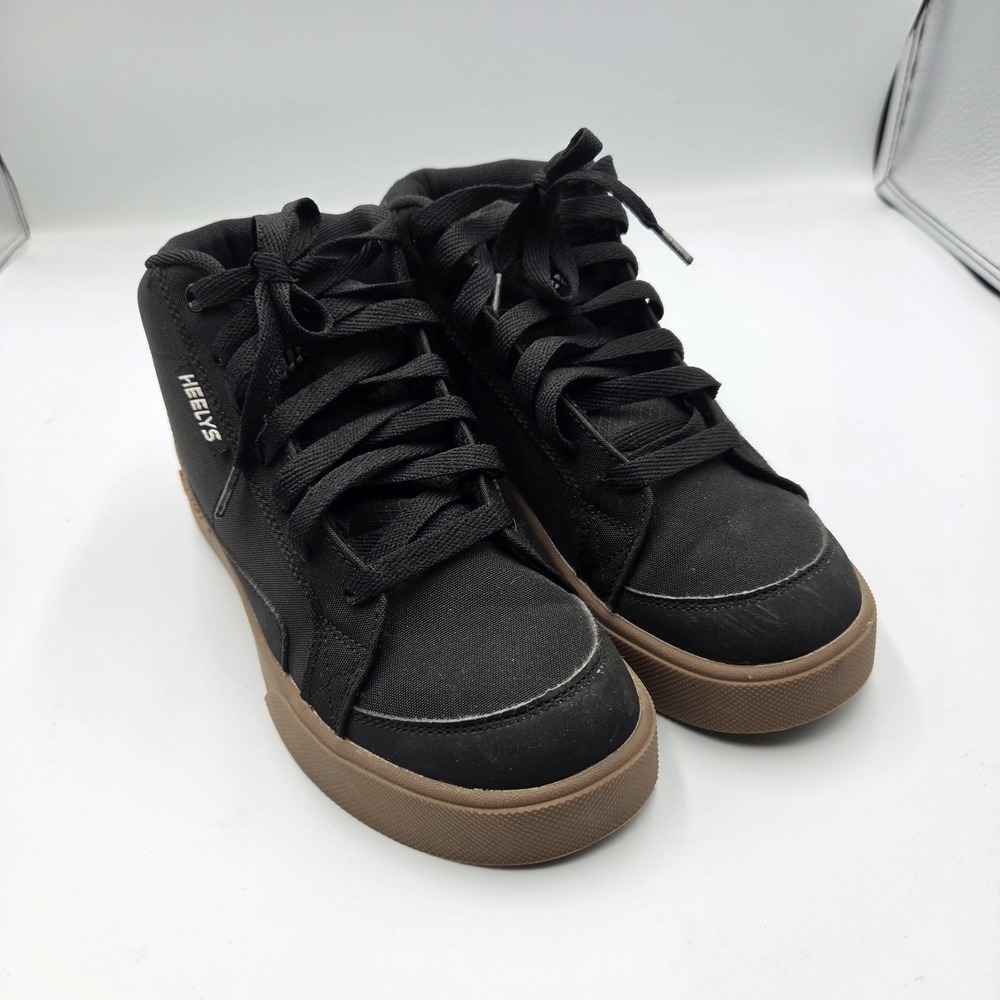 Heelys Black Mid Top Roller Shoes Youth Size 4 Gum Sole Wheeled Sneakers